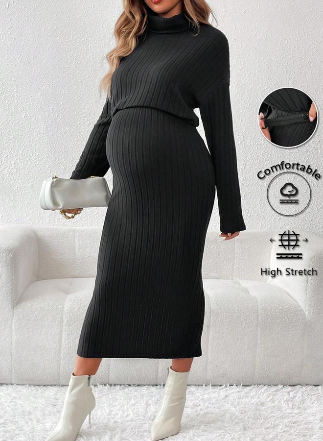 تايك تو طقم مضلع للحوامل بلوزة بياقة مرتفعة وتنورة بخصر مرن قابل للتعديل - Image 1